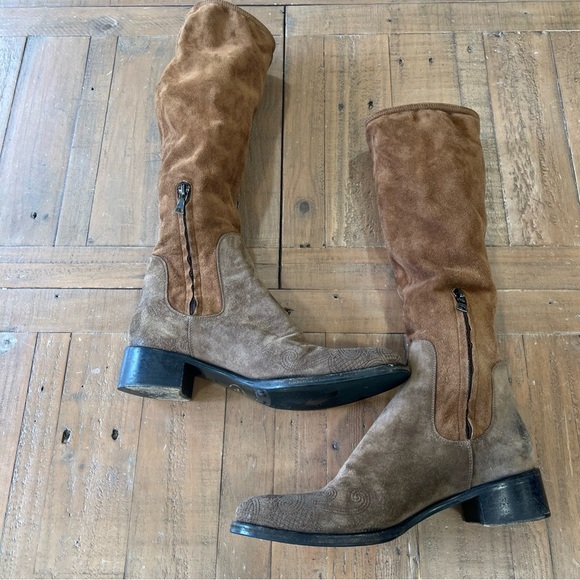 Prada Vintage Chestnut Tall Riding Boots Eu 38 US 7.5 Suede Embossed Block Heel - Picture 8 of 14